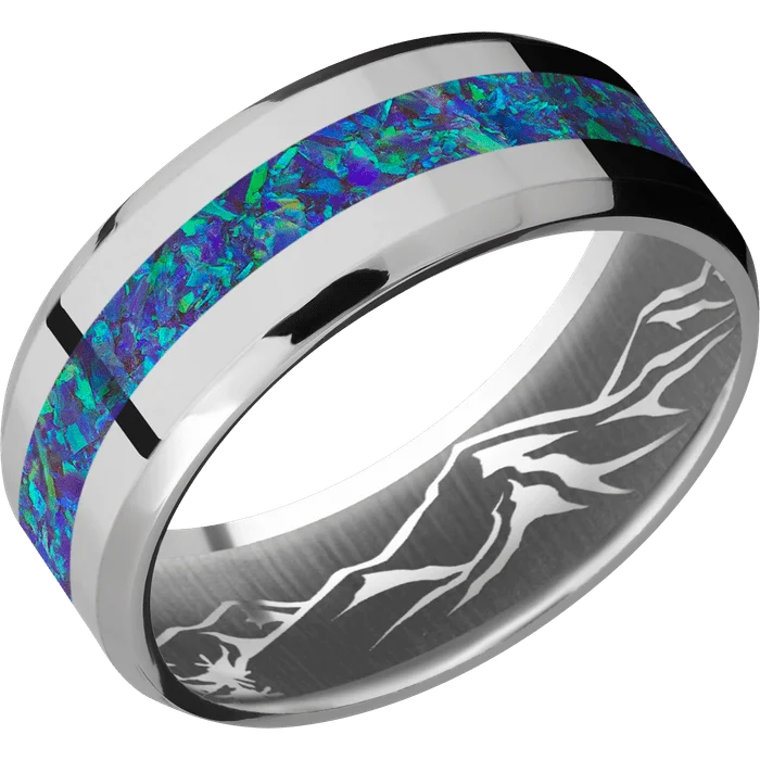 Ladies Rings Oval Spark-8mm wide Beveled Titanium Ring with Polish Finish / One 3mm Centered Pacific Sapphire Opal Inlay / None Interior Pattern