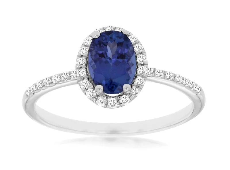 Ladies Rings for Mentor Spark-14K White Gold Oval Tanzanite with Diamond Halo Ring