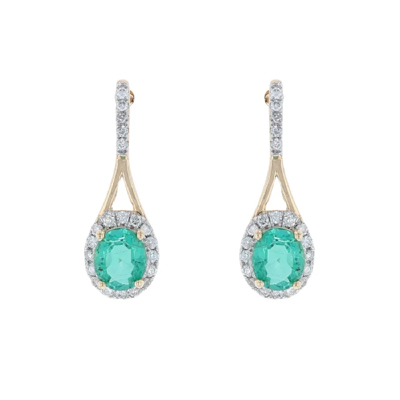 Ladies Earrings with Sea Beryl-Oval Emerald Diamond Halo Dangle Earrings