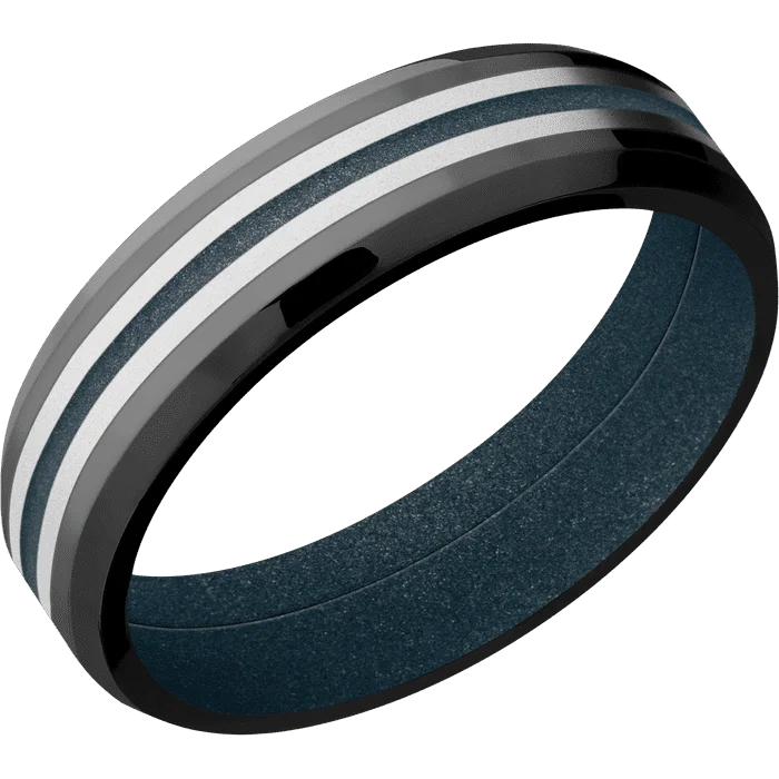 Ladies Rings for Photo Glow-6mm wide Beveled Black Titanium Ring with Polish Finish / One 3mm Centered Cobalt Chrome Inlay with Bead Blast Finish / One 1mm Centered Blue Titanium Cerakote Inlay / Blue Titanium Cerakote Sleeve