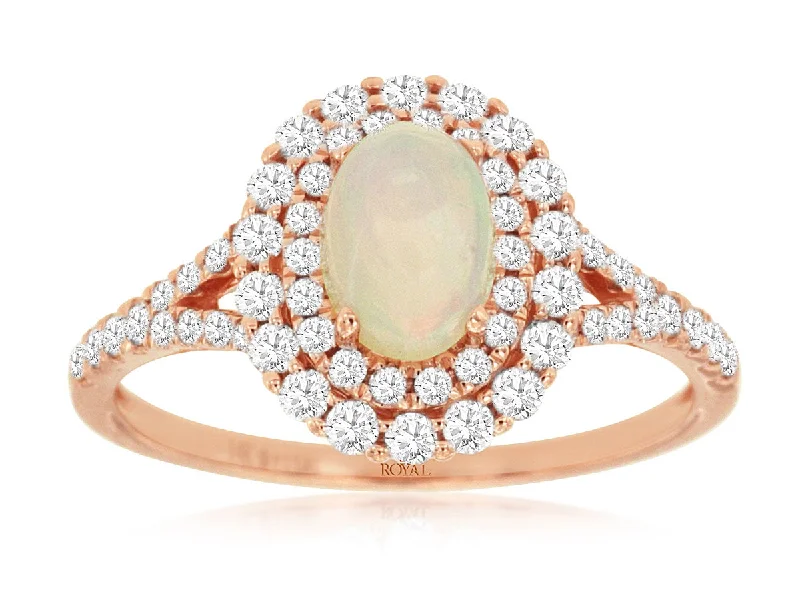 Ladies Rings Polished Shine-14K Rose Gold Oval Opal Double Halo Diamond Ring