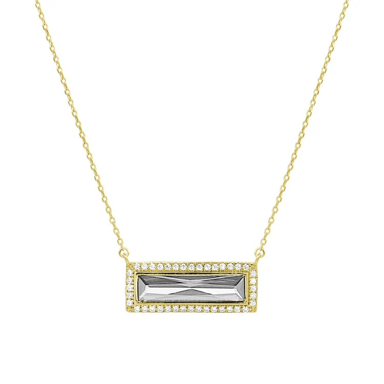 Ladies shiny gloss necklaces -Gold Finish Sterling Silver Necklace with Rectangular Simulated Diamond Stone and Simulated Diamonds on 16" - 18" Chain