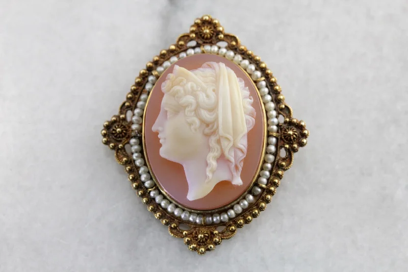 Ladies wave shine brooches -Stunning Victorian Sardonyx Cameo Brooch or Pendant, Elegant Seed Pearl Halo