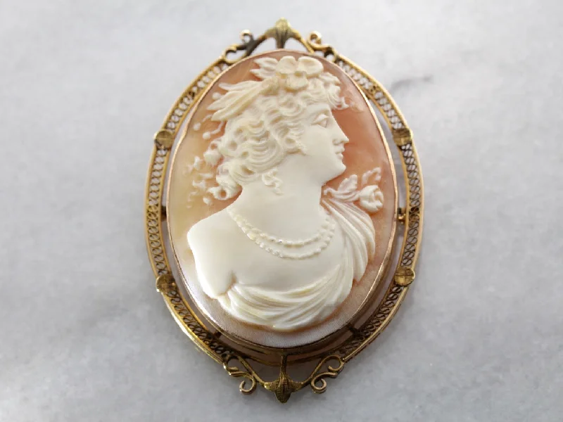 Ladies ethnic weave brooches -Art Nouveau Era Cameo Gold Filigree Pendant Brooch