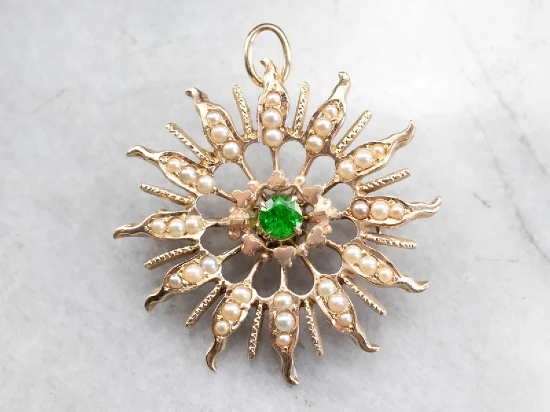 Ladies squared charm brooches -Antique Demantoid Garnet and Seed Pearl Brooch