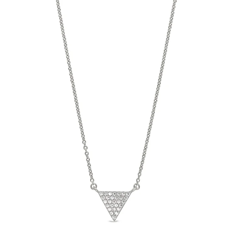 Ladies rosy gold necklaces -Platinum Finish Sterling Silver Micropave Triangle Necklace with Simulated Diamonds on 16"-18" Adjustable Chain