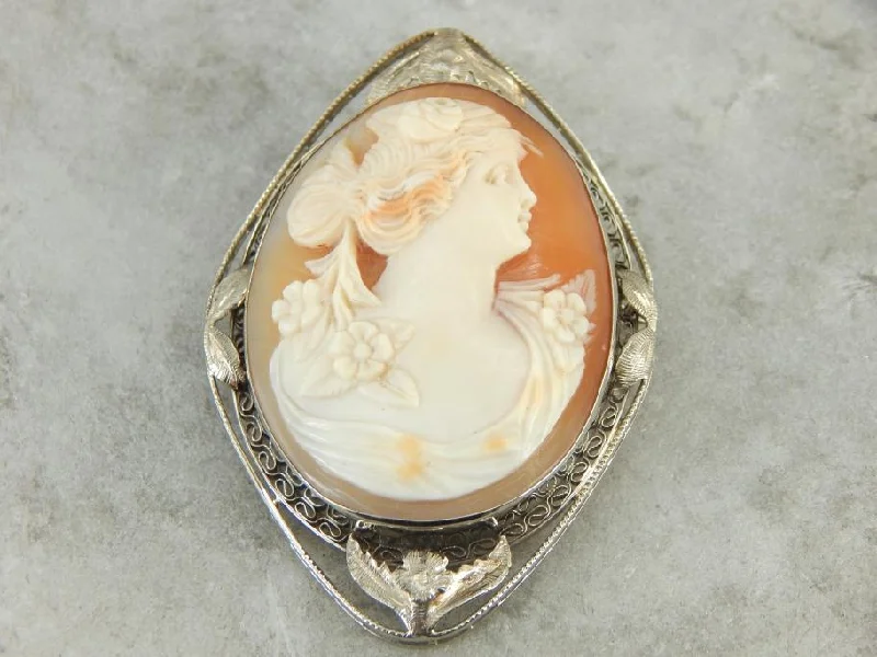 Ladies soft whisper brooches -Floral Framed Flower Lady Cameo Pendant or Brooch