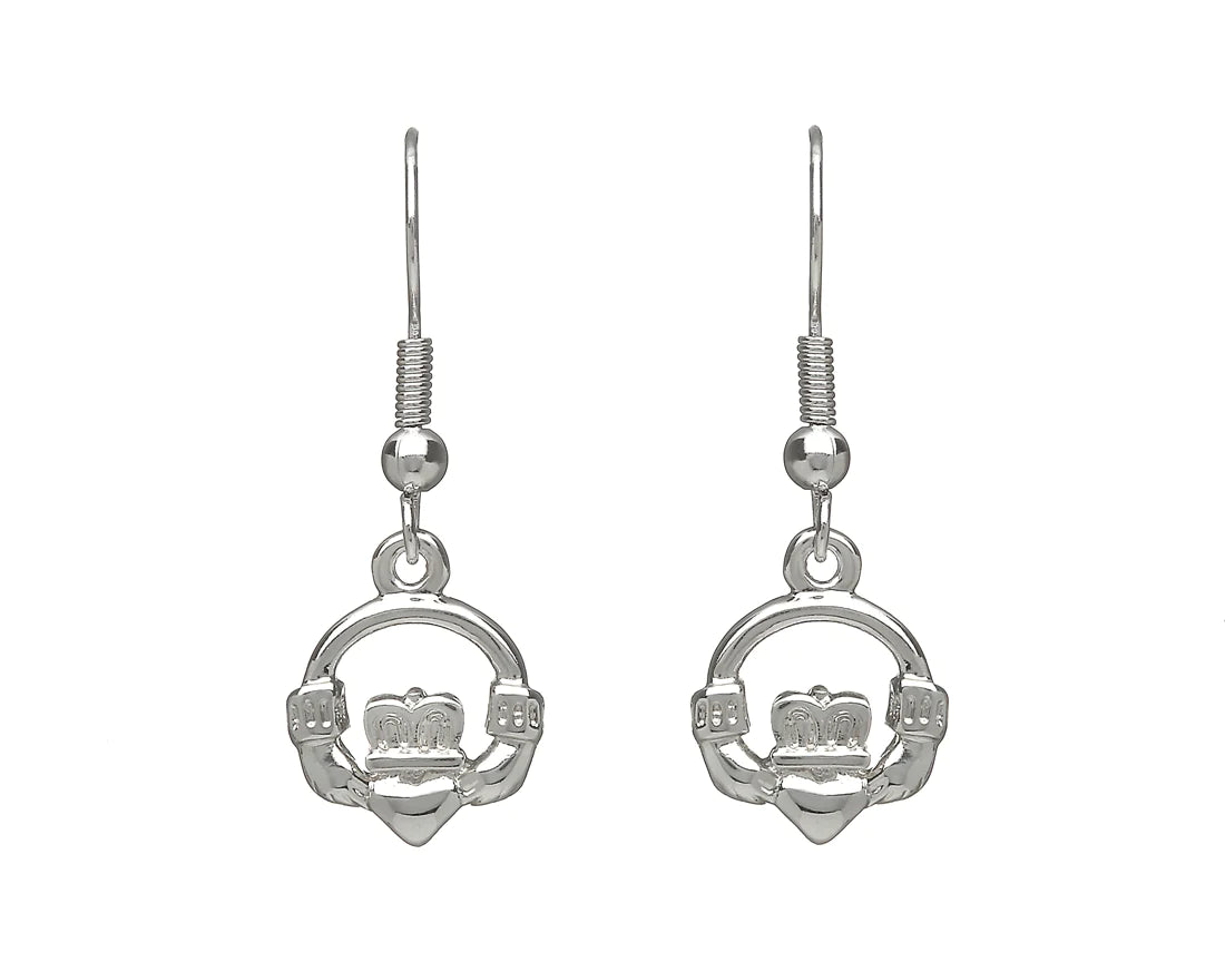 Ladies Earrings with Pink Tourmaline-Claddagh Silver Plated Drop Earrings by Woods Celtic Jewllery