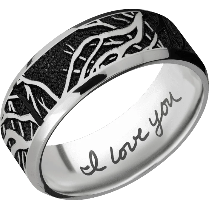 Ladies Rings with Initial Shine-8mm wide Beveled Titanium Ring with Polish Finish / Branches Design / None Interior Pattern