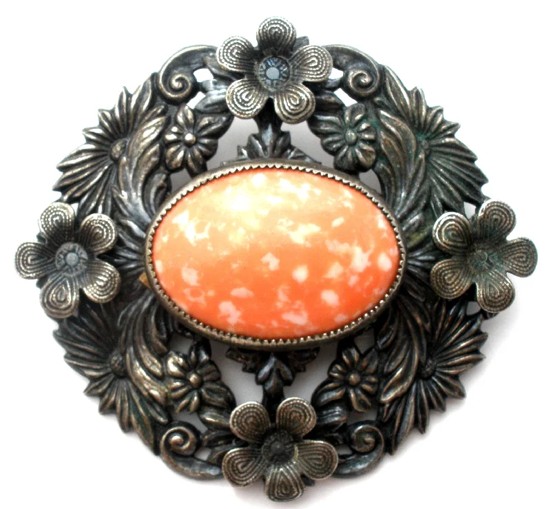 Ladies dreamy moonstone brooches -Mottled Coral Rhinestone Flower Brooch Vintage