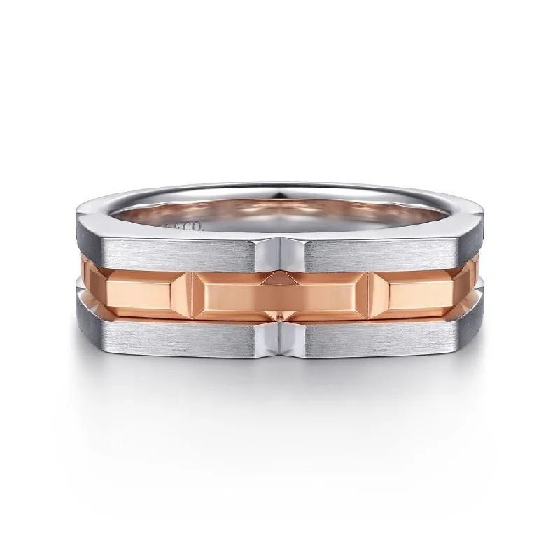 Ladies Rings with Gold Fibrolite-Gabriel & Co. - MR52067MJJJJ - 925 Sterling Silver and 14K Rose Gold Angular Ring