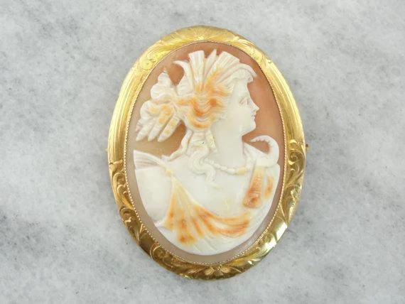 Ladies spring petal brooches -White Shell Cameo  in Fine Gold Frame Pendant or Brooch