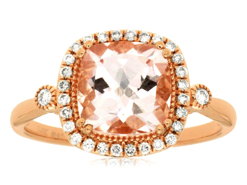 Ladies Rings Twist Glow-14K Rose Gold Cushion Cut Morganite Halo Ring