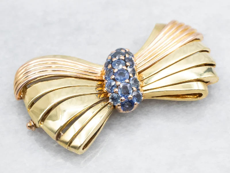 Ladies cosmic fate brooches -Two Tone Sapphire Bow Brooch