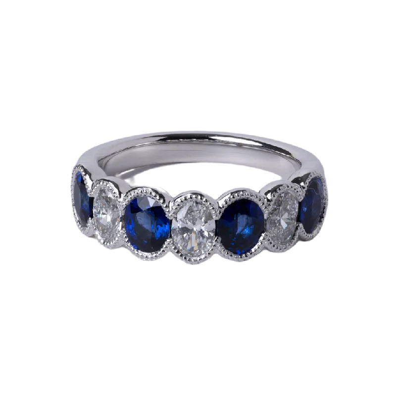 Ladies Rings Budget Shine-Platinum Alternating Oval Diamond and Sapphire Ring