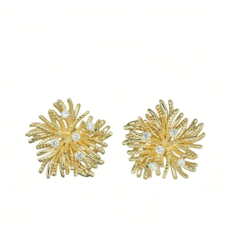 Ladies Earrings with Coral Glow-18K Yellow Gold Sea Anemone Thistle Diamond Stud Earrings