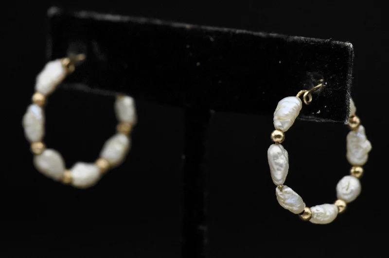 Ladies Earrings with Red Pyroxmangite-Freshwater Pearl 14K Gold Hoop Earrings