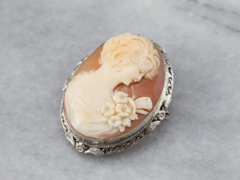 Ladies dreamy moonstone brooches -Art Deco Cameo White Gold Brooch Pendant