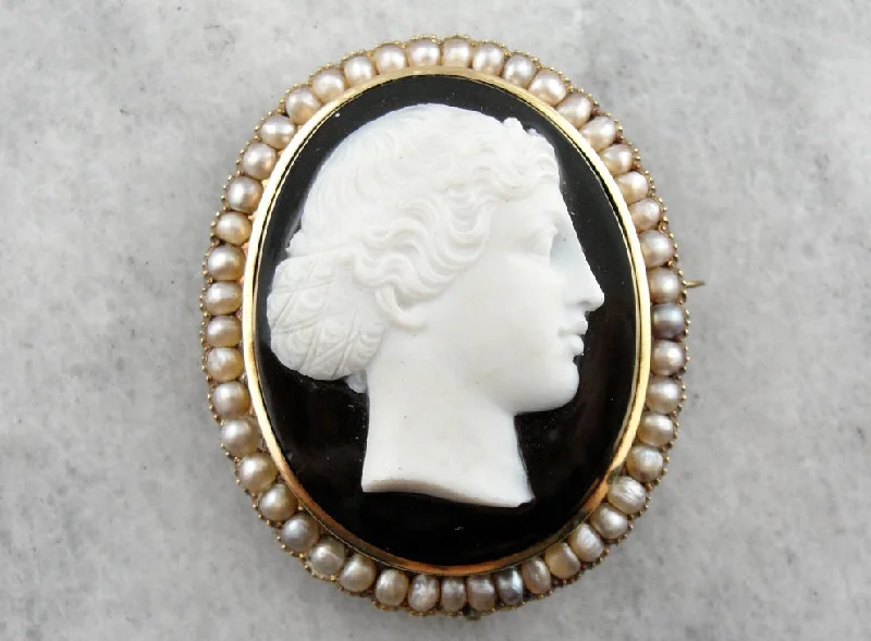 Ladies refined office brooches -The Female Apostle Juniah: Antique Natural Pearl and Hardstone Black and White Onyx Cameo Brooch