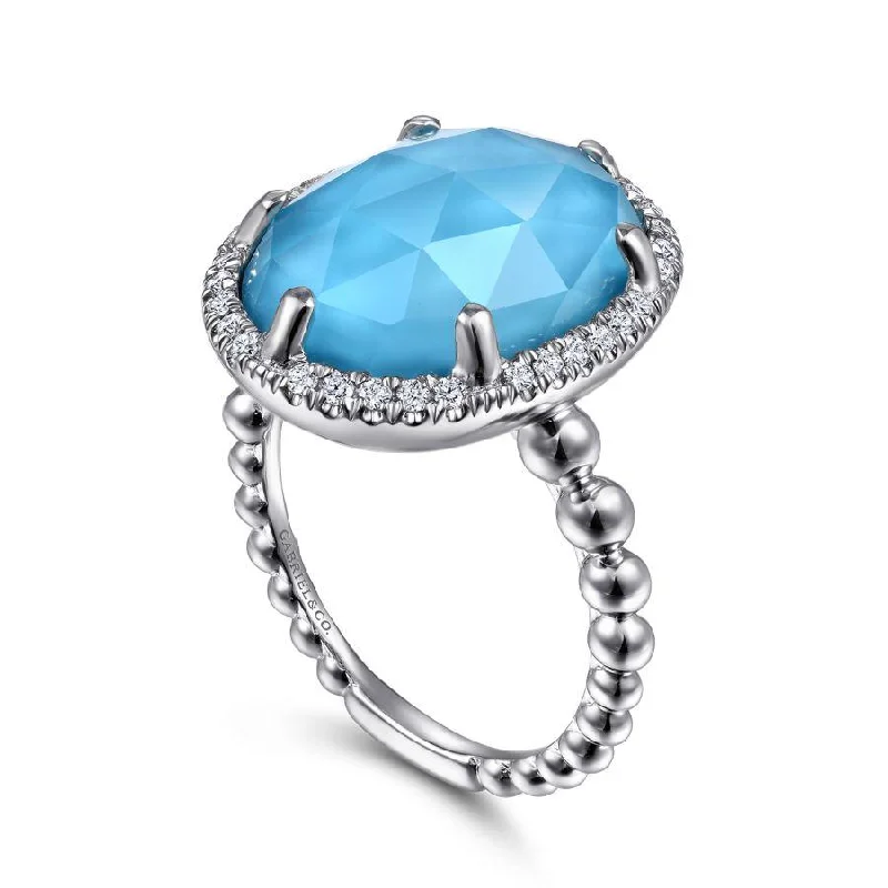 Ladies Rings Open Glow-Gabriel & Co. - LR51895XTSVJMC - 925 Sterling Silver Oval Rock Crystal and Turquoise Ring with White Sapphire Halo