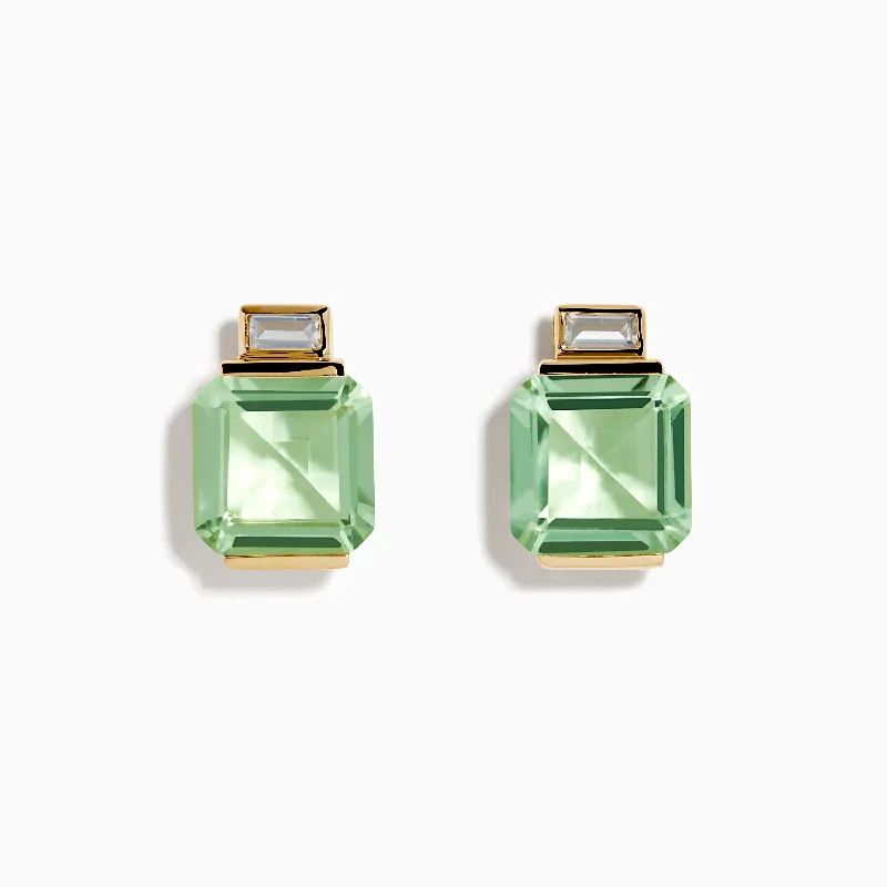 Ladies Earrings with Green Uvarovite-14K Yellow Gold Green Amethyst and White Topaz Earrings