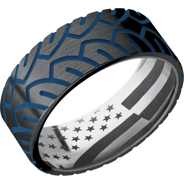 Ladies Rings Wave Glow-8mm wide Flat Black Titanium Ring with Satin Finish / Cycle Design and Ridgeway Blue Cerakote Accents / Tantalum Sleeve / None Interior Pattern