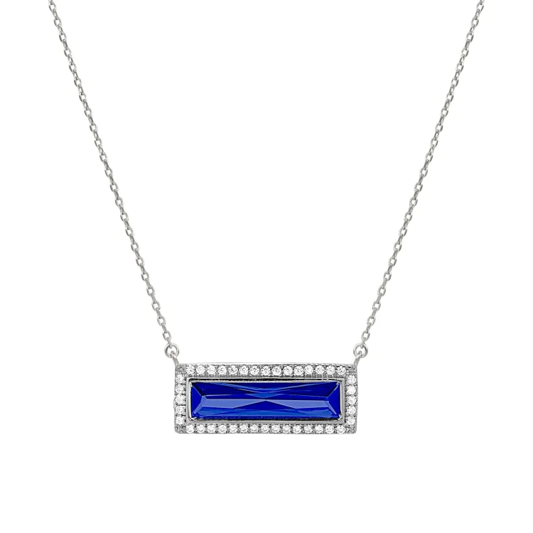 Ladies serene glow necklaces -Rhodium Finish Sterling Silver Necklace with Rectangular Simulated Sapphire Stone and Simulated Diamonds on 16" - 18" Chain