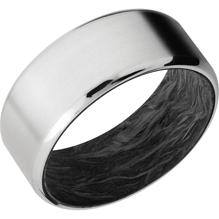 Ladies Rings Artistic Glow-9mm wide Beveled Inconel Ring with Bead Blast Finish / Forged Carbon Fiber Sleeve