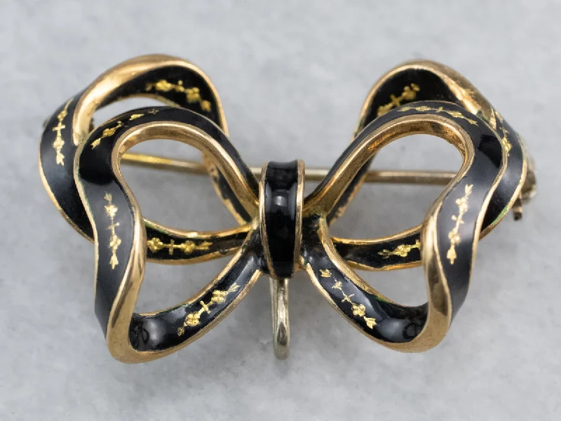 Ladies modern edge brooches -Vintage Black Enamel Gold Bow Brooch