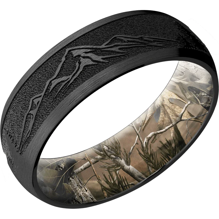 Ladies Rings with Bright Sunstone-7mm wide Domed Black Titanium Ring with Satin Finish / Mountain 2 Design / RealTree APG Camo Sleeve