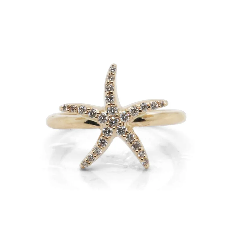 Ladies Rings with Grey Lawsonite-14k Yellow Gold & Diamond Starfish Ring