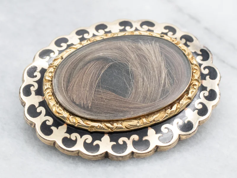 Ladies marked charm brooches -Victorian Era Mourning Brooch with Black Enamel and Woven Hair