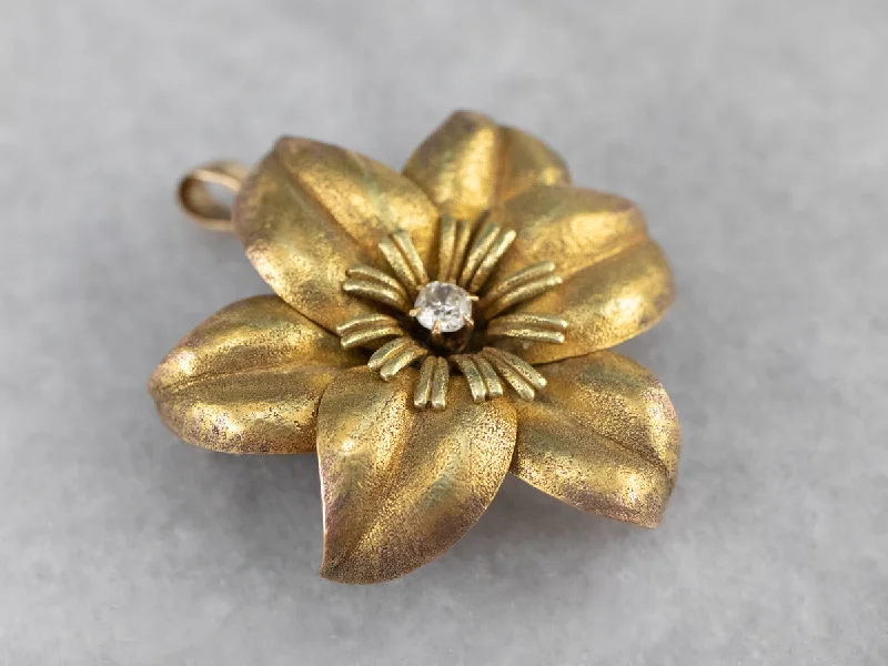 Ladies ornate vintage brooches -Antique Diamond Gold Flower Brooch Pendant