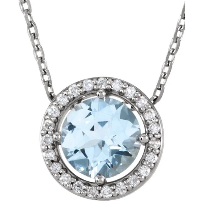 Ladies sunny breeze necklaces -14KT GOLD 0.45 CT AQUAMARINE & .05 CTW DIAMOND ROUND HALO NECKLACE