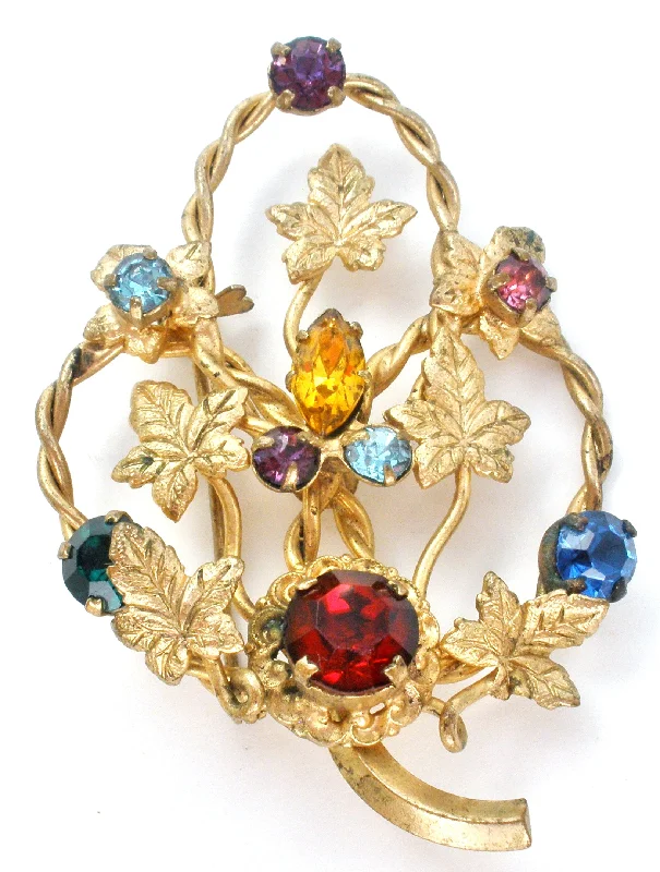 Ladies icy winter brooches -Multi Color Rhinestone Leaf Brooch Vintage