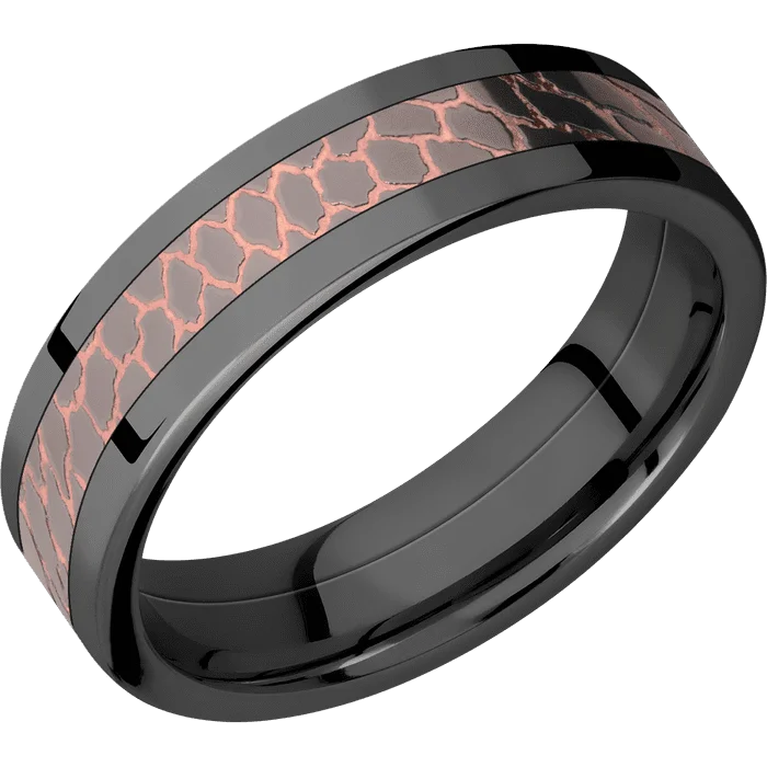 Ladies Rings Fine Shine-6mm wide Flat Black Titanium Ring with Polish Finish / One 3mm Centered Superconductor Inlay with Polish Etched Superconductor Finish