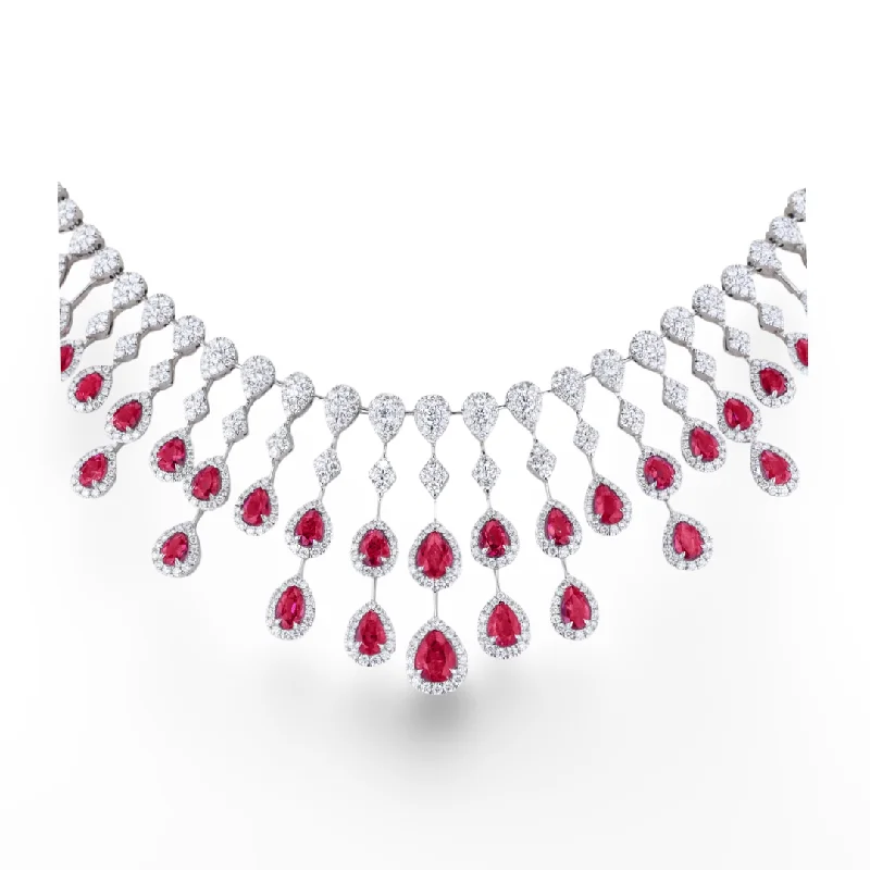 Ladies energy pulse necklaces -JULEVE 18KT WHITE GOLD 4.24CTW RED EMERALD & 6.44CTW DIAMOND NECKLACE