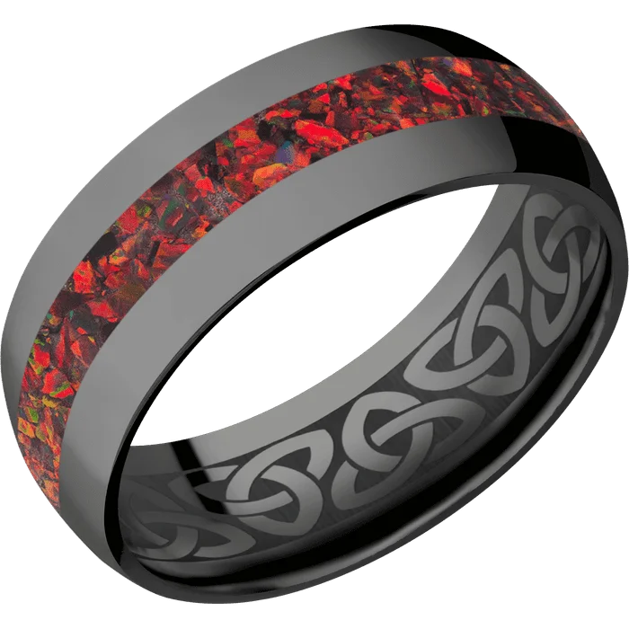 Ladies Rings Wide Glow-8mm wide Domed Black Titanium Ring with Polish Finish / One 3mm Centered Ruby Red Opal Inlay / None Interior Pattern