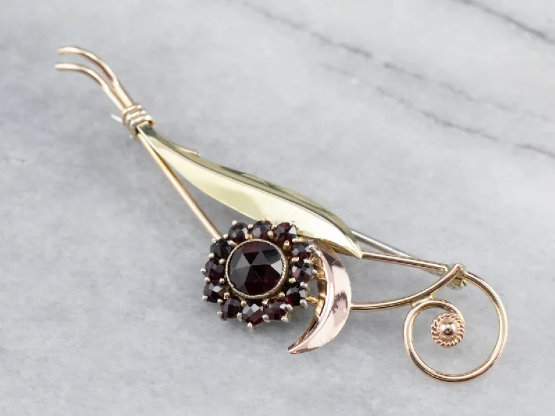 Ladies single hue brooches -Botanical Mixed Metal Garnet Brooch