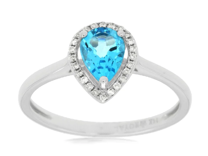 Ladies Rings with Sea Aquamarine-14k White Gold Pear Shape Blue Topaz and Diamond Halo Ring wc7393b