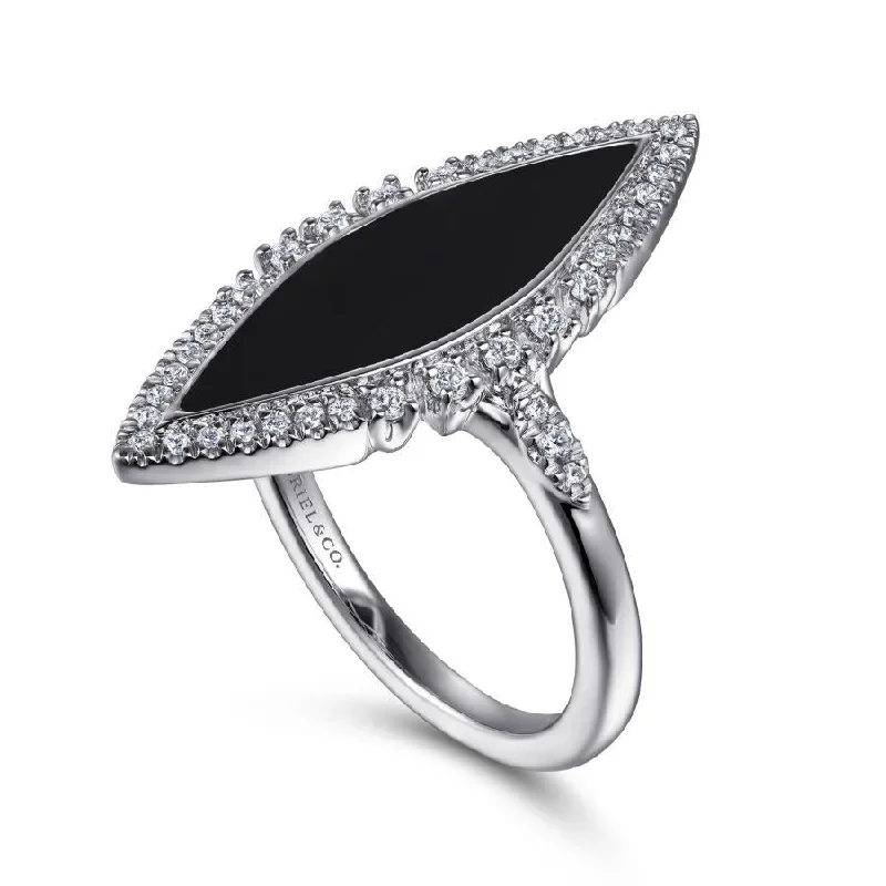 Ladies Rings for Evening Spark-Gabriel & Co. - LR52036W45OX - 14K White Gold Diamond and Onyx Marquise Statement Ring