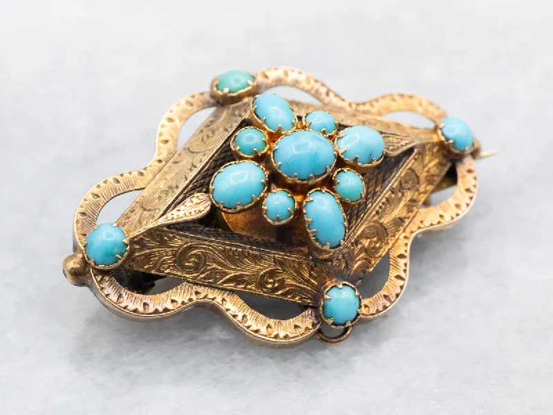 Ladies glistening silver brooches -Yellow Gold Turquoise Brooch with Etched Botanical Details