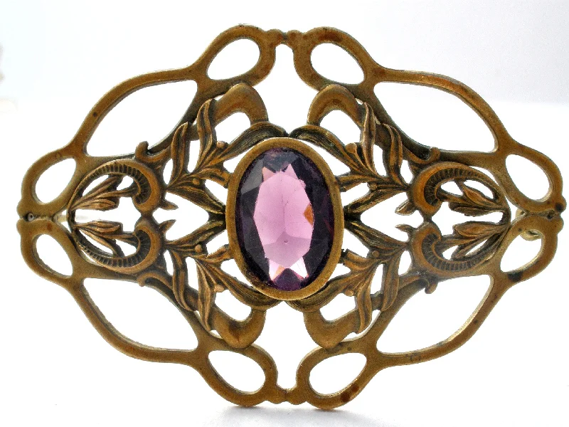 Ladies tribal rhythm brooches -Art Nouveau Gilt Amethyst Brooch