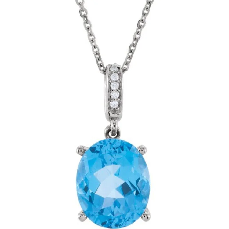 Ladies phoenix soar necklaces -14K White 11x9 mm Oval Natural Swiss Blue Topaz and .03 CTW Natural Diamond Necklace