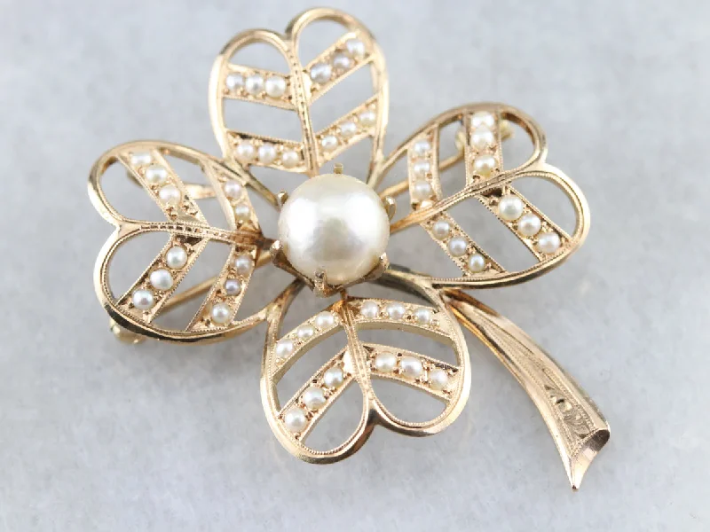 Ladies team spirit brooches -Antique Pearl Four Leaf Clover Brooch or Pendant