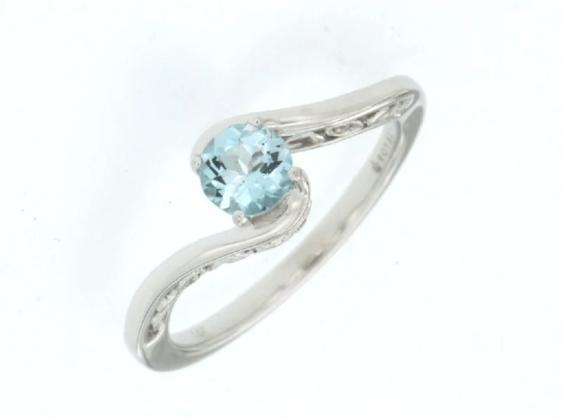 Ladies Rings with Flame Glow-14K White Gold Round Aquamarine Twist Style Solitaire Ring