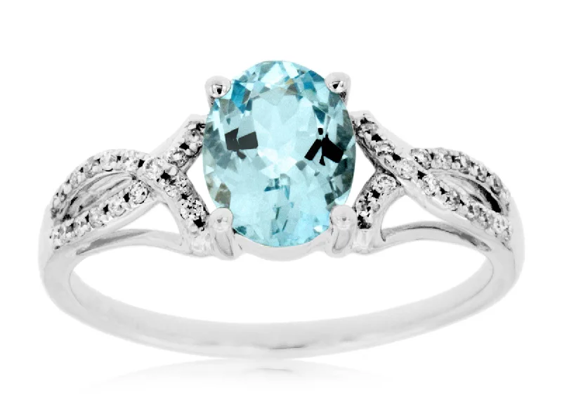 Ladies Rings with Plum Axinite-14K White Gold Oval Aquamarine Diamond Twist Ring