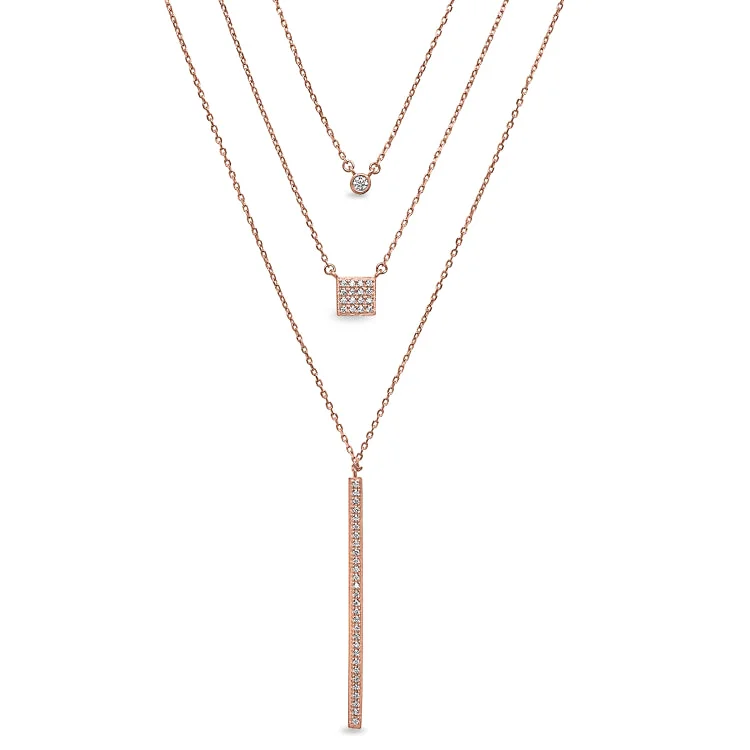 Ladies yoga breeze necklaces -Rose Gold Finish Sterling Silver Micropave Layered Necklace with Simulated Diamonds on 16" - 18" Adjustable Chain