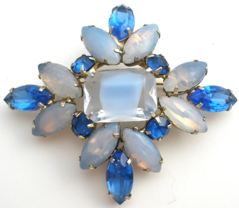 Ladies rose bloom brooches -Blue Givre & Moonstone Rhinestone Brooch Pin