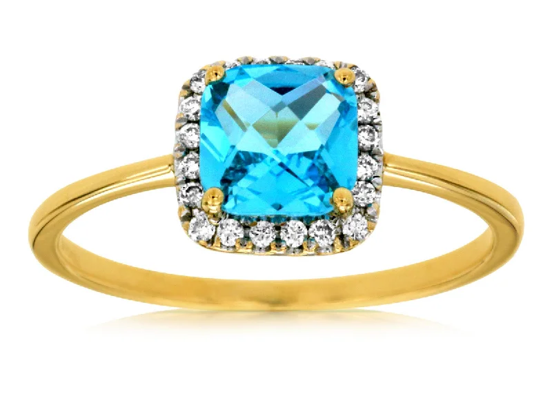 Ladies Rings with Butterfly Spark-14K Yellow Gold Blue Topaz Diamond With Opal Cushion Cut Halo Ring